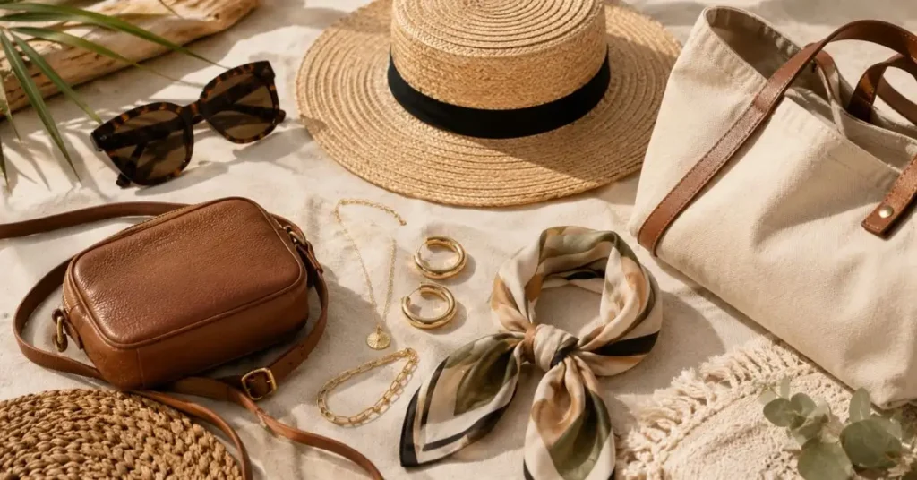Australian summer fashion accessories featuring oversized tortoiseshell sunglasses, a wide-brim straw hat, a leather crossbody bag, a canvas tote, minimalist gold jewelry, and a lightweight silk scarf arranged in a bright coastal-inspired flat lay.