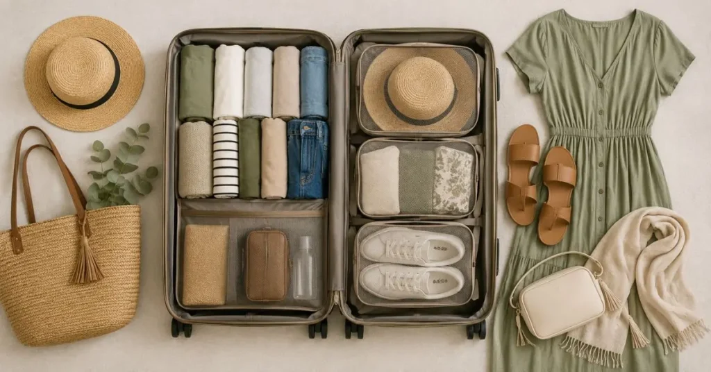 Packing Tips for Travel Featuring a Neatly Organized Suitcase with Folded Clothes, Travel Essentials, Comfortable Shoes, and Space-Saving Packing Cubes