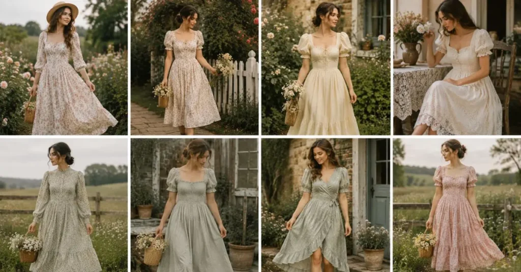 Collage featuring popular cottagecore dress styles, including floral maxi, midi, puff sleeve, lace trim, prairie, smocked bodice, wrap, and tiered dresses, photographed in charming countryside and garden settings with a soft vintage-inspired aesthetic.