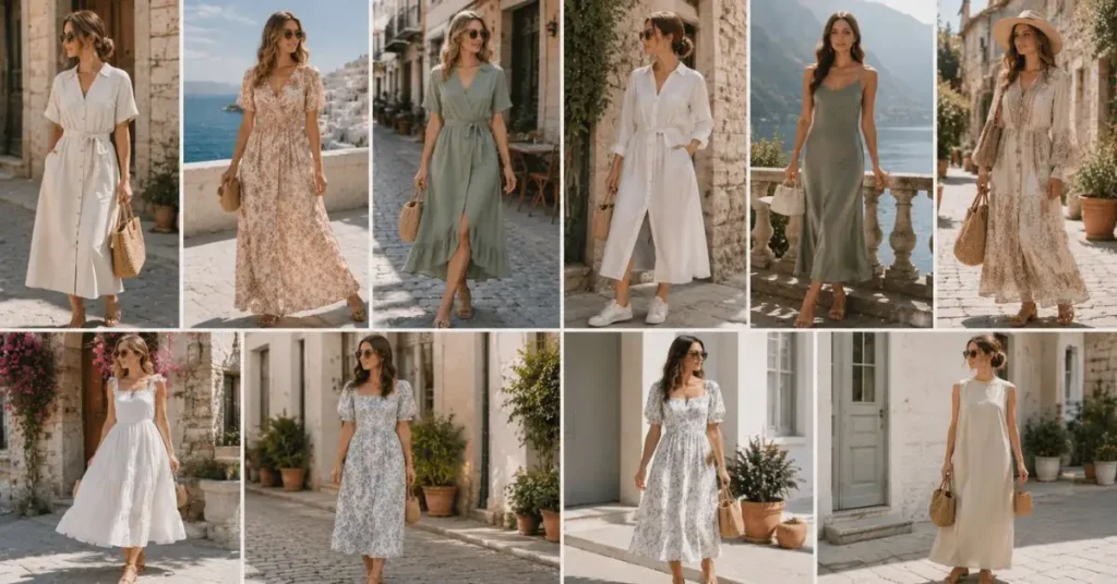 Collection of popular European Summer Dress Styles featuring linen shirt dresses, floral maxi dresses, wrap dresses, slip dresses, boho designs, tiered dresses, puff sleeve styles, and minimalist Scandinavian-inspired outfits in elegant Mediterranean settings.