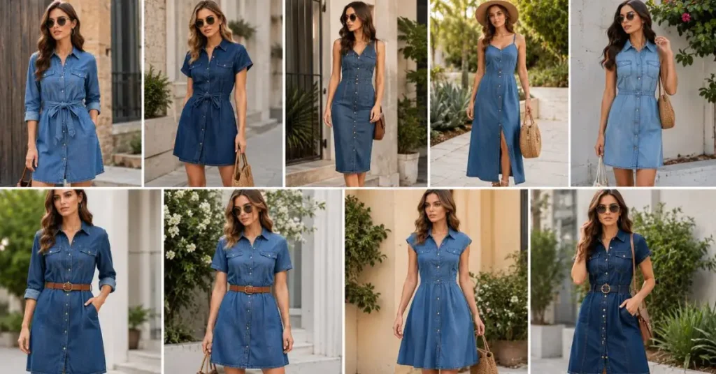 Popular Jean Dress Styles featuring shirt, mini, midi, maxi, sleeveless, belted, button-front, and A-line denim dresses for women