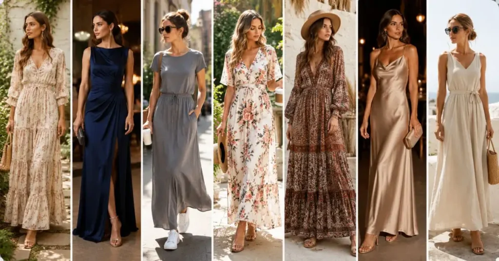Collage of popular long dress styles, including maxi, formal evening, casual cotton, floral, boho, satin, and linen dresses, showcasing elegant full-length fashion for different occasions and seasons.