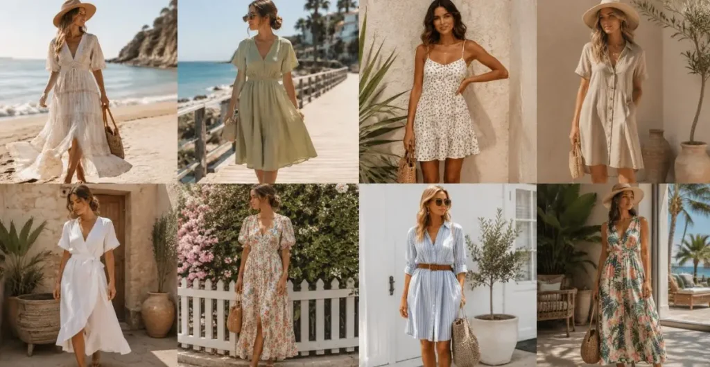 Collage of popular Australian fashion dresses including maxi, midi, mini, linen, wrap, floral, shirt, and resort styles, featuring breathable fabrics, relaxed silhouettes, and effortless summer fashion in coastal-inspired settings.