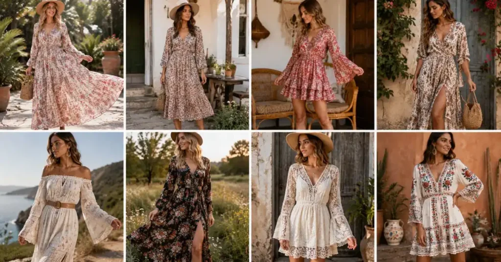 Popular types of boho dresses for women including maxi, midi, mini, wrap, and off-shoulder styles