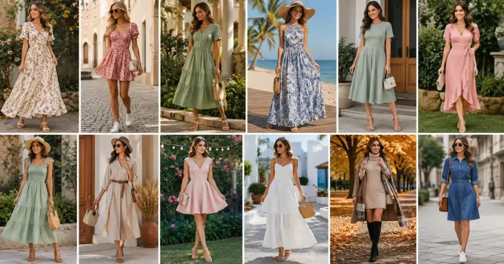 Collection of popular cute dress styles including floral, mini, midi, maxi, A-line, wrap, shirt, denim, sweater, and fit-and-flare dresses for every season and occasion.