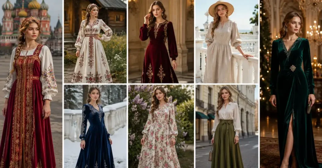 Popular Types of Russian Dresses featuring traditional Sarafan, embroidered folk dresses, elegant maxi dresses, linen summer styles, velvet evening gowns, floral print dresses, and contemporary Russian fashion showcasing timeless elegance and cultural craftsmanship.
