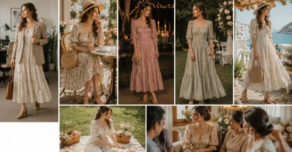 "Collage of women wearing prairie-style dresses styled for different occasions, including the office, brunch, date night, wedding guest events, vacations, picnics, and family gatherings with elegant accessories."