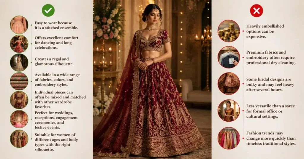 Pros and cons of a lehenga illustrated with a traditional embroidered lehenga, highlighting its comfort, elegance, versatility, and styling considerations for special occasions.