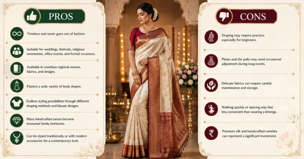 Pros and cons of a saree featuring a beautifully draped traditional saree, showcasing its timeless elegance, versatility, cultural significance, and draping challenges.