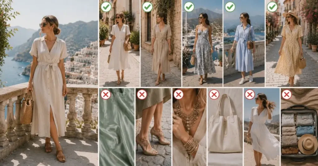 Editorial collage comparing the pros and cons of European Summer Fashion with breathable linen dresses, floral midi styles, neutral travel outfits, practical accessories, and examples of lightweight fabrics, wrinkle-prone materials, and versatile vacation styling in a Mediterranean setting.