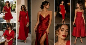 Elegant woman wearing a stylish red dress, demonstrating versatile red dress styling suitable for weddings, parties, date nights, office wear, and formal occasions.