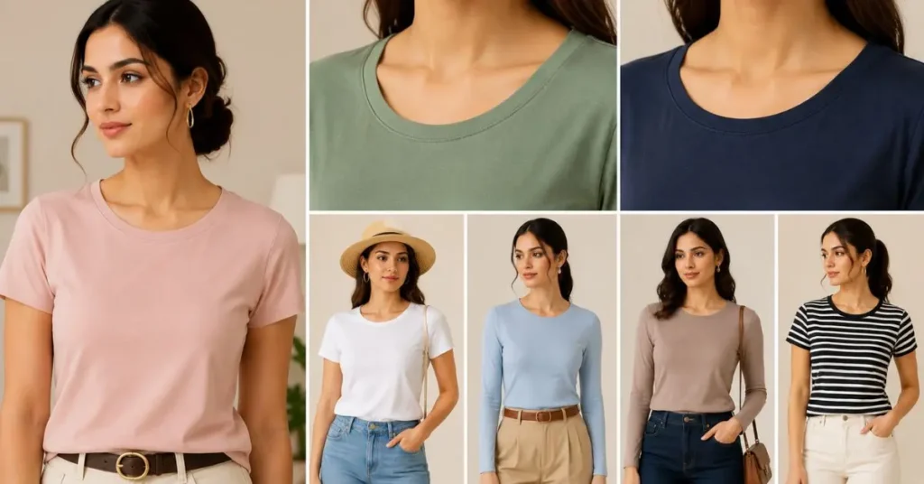 Woman wearing a classic round neck top in a casual style, showcasing the soft, wide neckline that creates a relaxed and versatile everyday look.