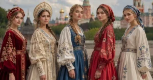Russian Dresses: Traditional Elegance Meets Modern Fashion – Women wearing elegant traditional Russian dresses with intricate embroidery, flowing silhouettes, and classic folk-inspired designs against a beautiful historic Russian backdrop, showcasing timeless cultural fashion and modern elegance.