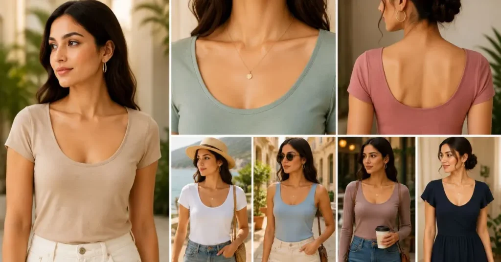 Woman wearing a scoop neck top that features a deep, rounded neckline, elegantly highlighting the collarbone and creating a soft, feminine silhouette for casual and summer outfits.