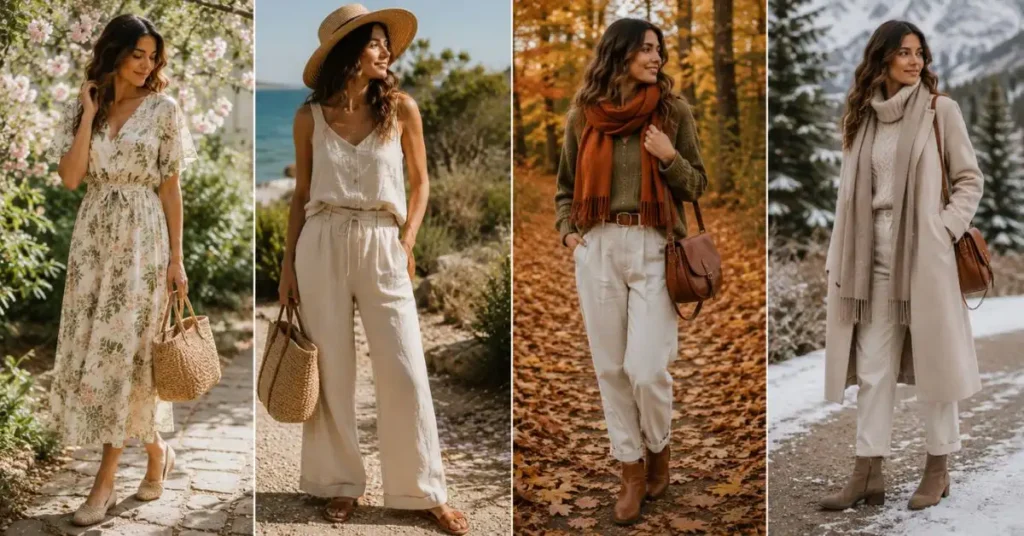 Seasonal nature-inspired outfits featuring spring florals, breathable summer linen, autumn knitwear in earthy tones, and cozy winter layers with neutral colors and natural textures.