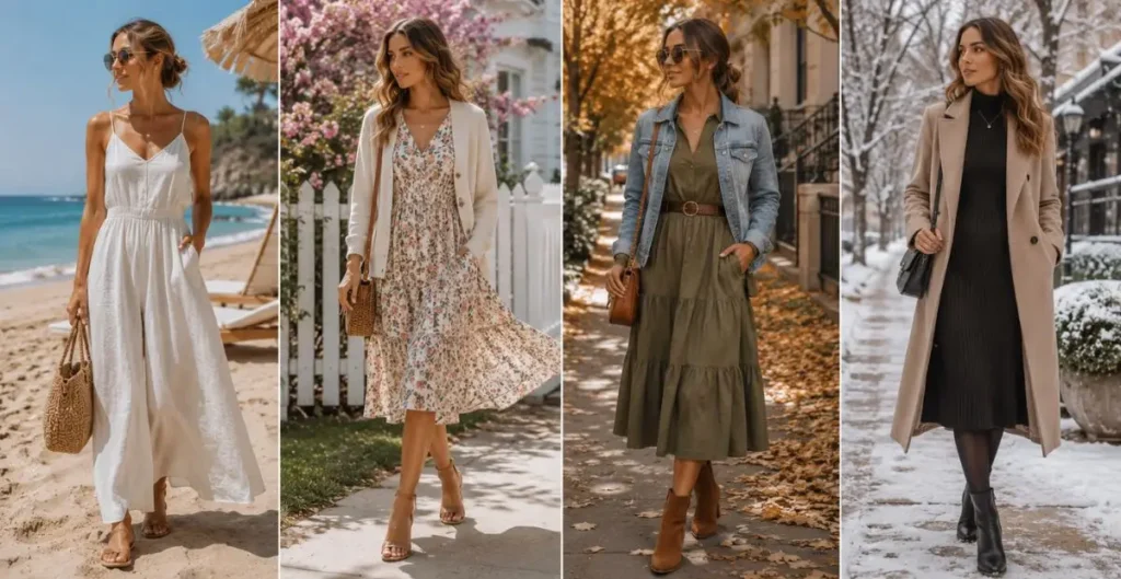 Seasonal styling guide featuring Australian fashion dresses for summer, spring, autumn, and winter, showcasing lightweight linen, floral midi dresses, earthy layered outfits, and elegant winter dresses with boots and coats.