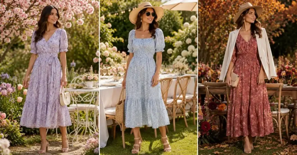 Seasonal Styling Tips Three women wearing elegant garden party dresses for spring, summer, and early autumn in blooming outdoor gardens, featuring pastel floral prints, breathable fabrics, layered styling, and seasonal accessories perfect for garden celebrations.