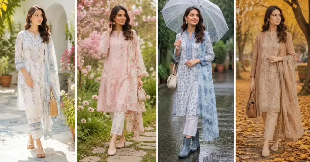 Four stylish women wearing lightweight lawn outfits for different seasons, featuring breathable summer cotton, pastel spring florals, monsoon-ready fashion with waterproof accessories, and layered early autumn looks with light cardigans in natural outdoor settings.