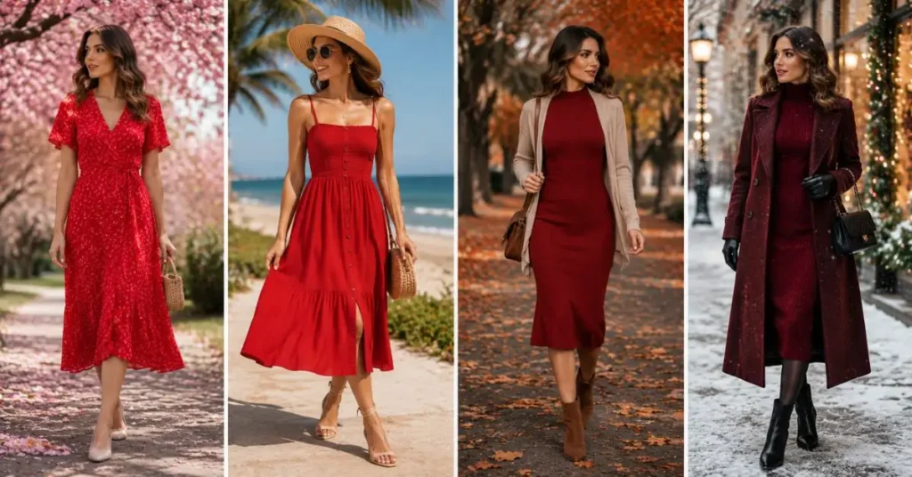 Woman wearing a red outfit styled for every season with lightweight summer fabrics, layered fall fashion, cozy winter coats, and fresh spring accessories for year-round elegance.