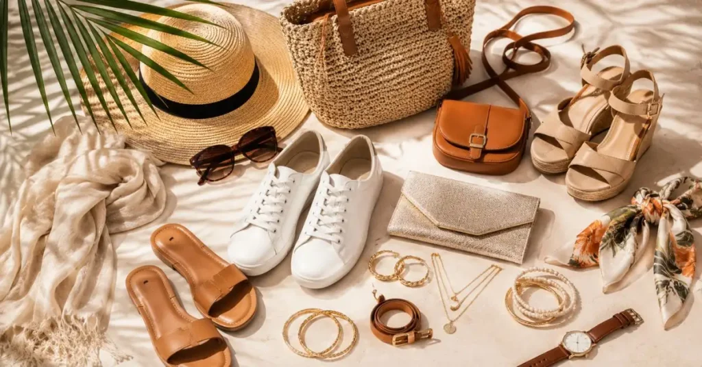 Vacation fashion accessories including white sneakers, sandals, woven tote bag, crossbody bag, sunglasses, sun hat, jewelry, scarf, and watch.