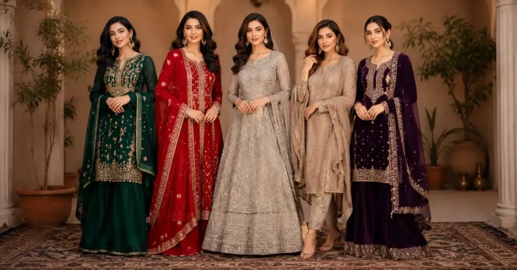 Elegant desi dresses for women in 2026 featuring Anarkali suits, lehengas, shararas, and pastel Indo-Western ethnic fashion trends for weddings and festive occasions