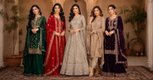 Elegant desi dresses for women in 2026 featuring Anarkali suits, lehengas, shararas, and pastel Indo-Western ethnic fashion trends for weddings and festive occasions