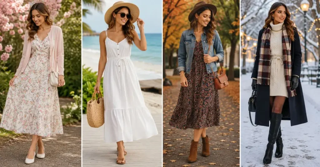 Women styling cute dresses for spring, summer, autumn, and winter with seasonal layers, boots, sandals, jackets, and accessories for year-round fashion