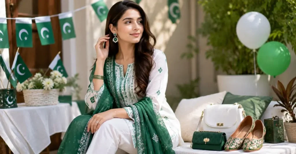 14 August Dresses styled with elegant green and white traditional outfit, matching accessories, and comfortable footwear for Pakistan Independence Day