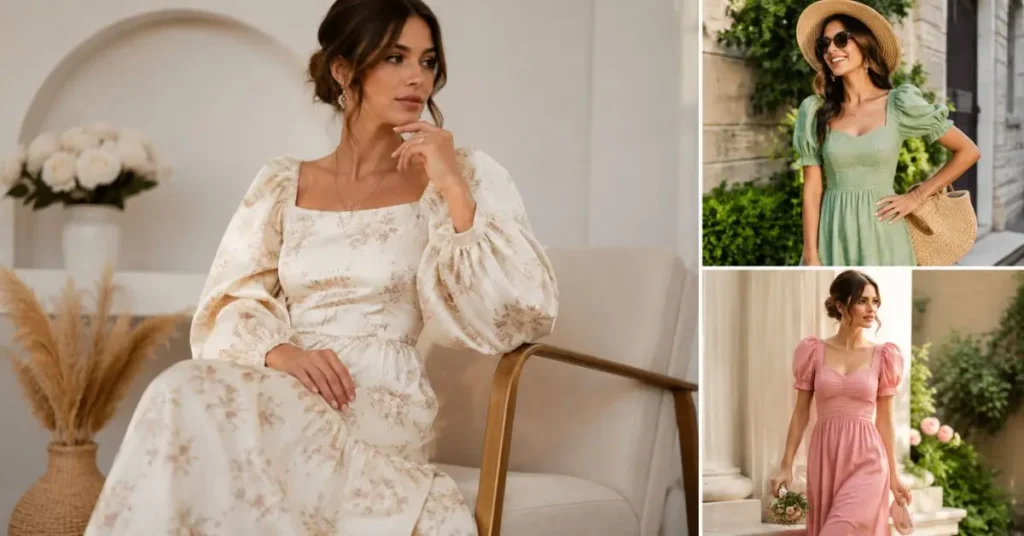 Elegant woman wearing a puff sleeve dress showcasing timeless styling ideas and 2026 fashion trends for casual, party, and formal occasions.
