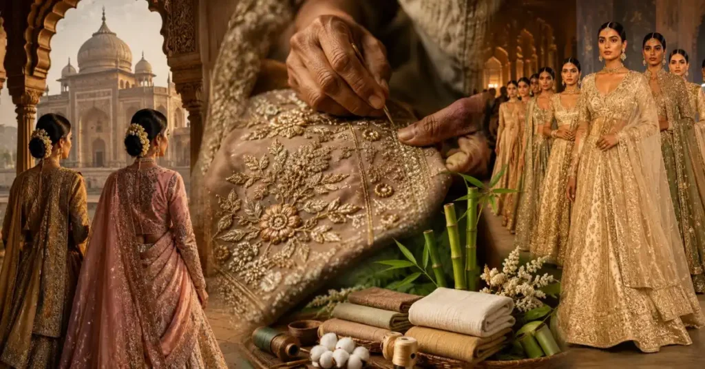 Traditional designer Indian dresses showcasing rich heritage through intricate embroidery, handcrafted details, luxurious fabrics, and timeless ethnic craftsmanship inspired by India's cultural traditions.