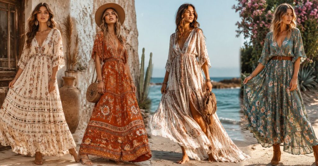 The Ultimate Guide to Boho Dresses for Women featuring a flowing floral bohemian maxi dress with effortless summer style