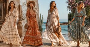 The Ultimate Guide to Boho Dresses for Women featuring a flowing floral bohemian maxi dress with effortless summer style