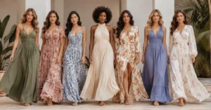 Elegant women wearing stylish long dresses in flowing maxi and floor-length designs, showcasing modern fashion trends in a bright outdoor setting.