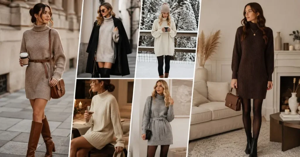 Woman wearing a cozy sweater dress styled with winter boots and layered accessories, showcasing versatile outfit ideas for casual, office, and evening occasions.
