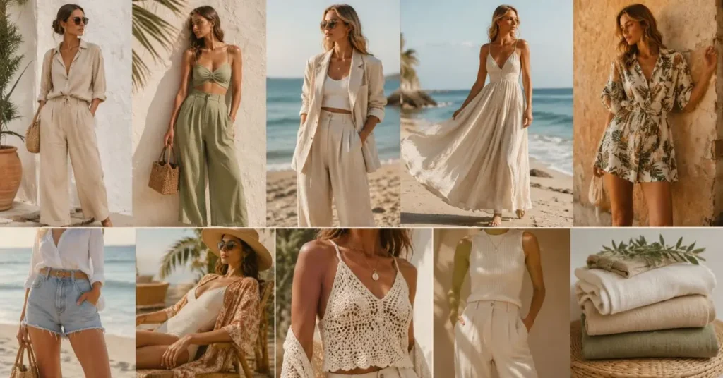 Australian Summer Fashion Trends 2026 featuring breathable linen outfits, matching co-ord sets, relaxed tailoring, flowing maxi dresses, printed resort wear, denim shorts, crochet pieces, minimalist styles, and sustainable natural fibre clothing in a coastal setting.