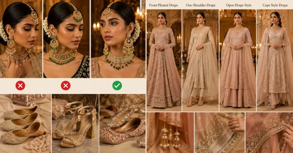 Woman styling a designer Indian dress with elegant jewelry, heels, a matching clutch, and a beautifully draped dupatta for a sophisticated festive or wedding look.