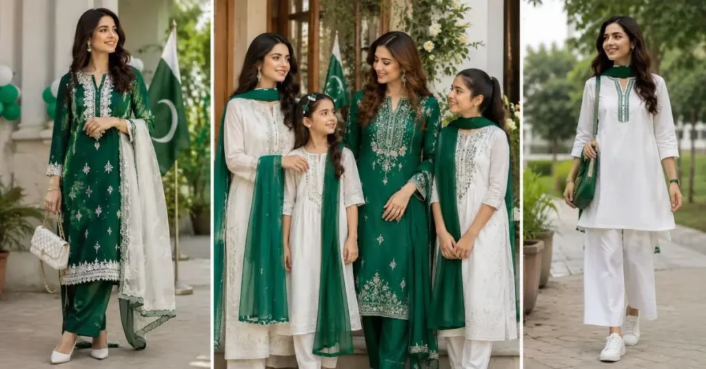 Collage of stylish Pakistani women and girls wearing elegant green and white 14 August outfits, including embroidered traditional suits, coordinated family looks, and casual college attire with patriotic accessories in an outdoor Independence Day setting.