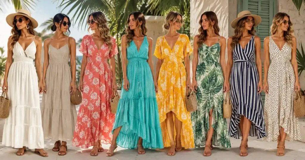 Women wearing vacation dresses in trending colors and floral, tropical, striped, and polka dot prints at a sunny resort.
