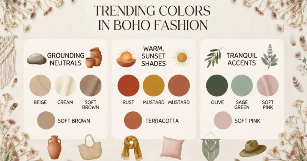 Trending colors in boho fashion featuring boho dresses for women in earthy tones, floral prints, and soft neutrals