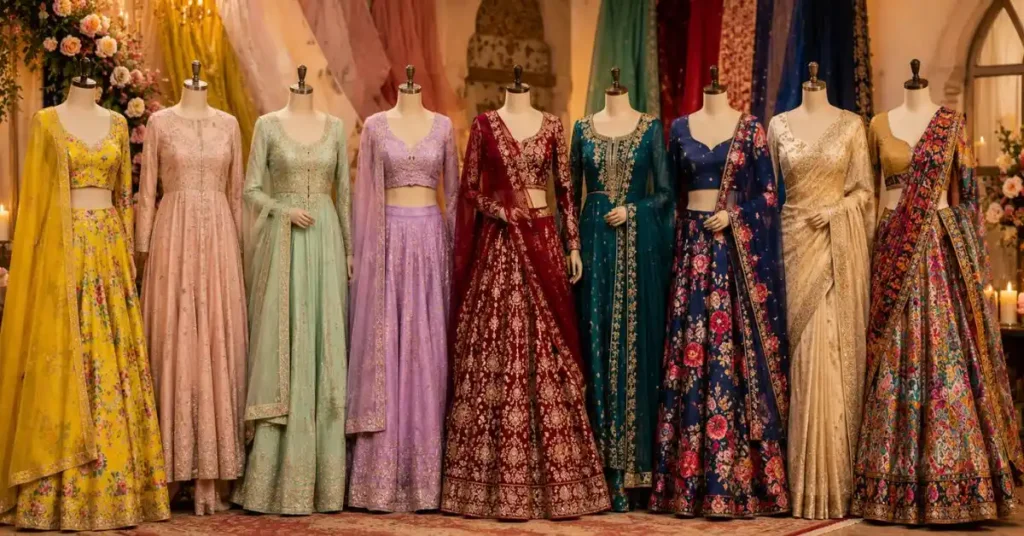 Designer Indian dresses in trending 2026 colors, featuring elegant shades like emerald green, royal blue, blush pink, ivory, and rich burgundy for weddings and festive occasions.