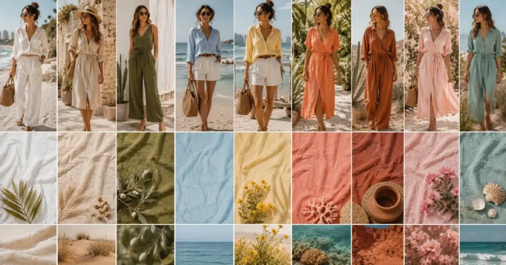 Australian summer fashion color palette featuring white, beige, olive, sky blue, butter yellow, coral, terracotta, soft pink, and ocean green in lightweight linen outfits inspired by sunny coastal landscapes and warm-weather style.