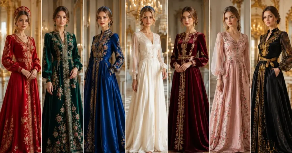 "Elegant Russian-inspired dresses in ruby red, emerald green, royal blue, ivory, burgundy, soft pink, and black with gold embroidery, showcasing the top fashion colour trends for 2026."