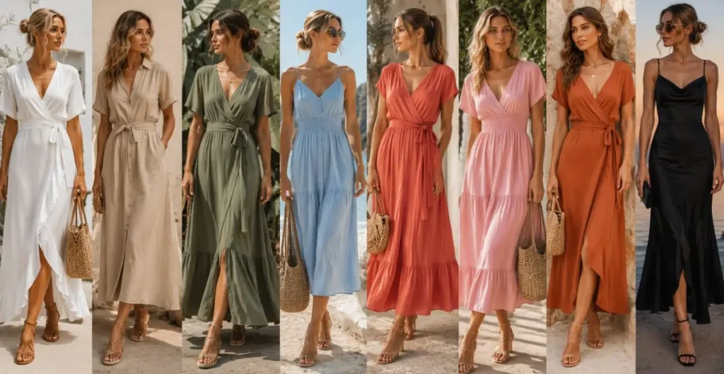 Fashion collage showcasing 2026 trending colours for Australian fashion dresses, including white, beige, olive, sky blue, coral, soft pink, terracotta, and black in elegant, breathable summer dress styles.
