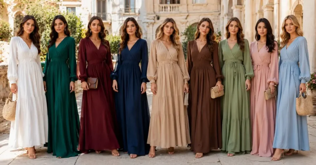 Elegant long dresses in the trending 2026 colours, including sage green, butter yellow, soft blue, blush pink, chocolate brown, ivory, and classic black, styled for modern casual and formal fashion.