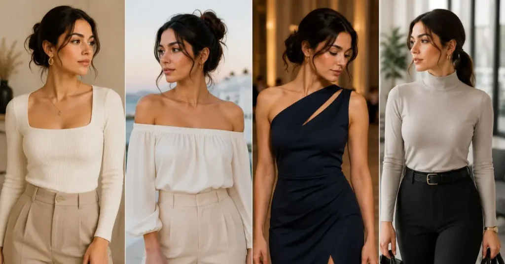 Woman modeling the top trending neckline styles of 2026, including square neck, off-the-shoulder, asymmetrical, and mock neck designs in modern, elegant outfits.