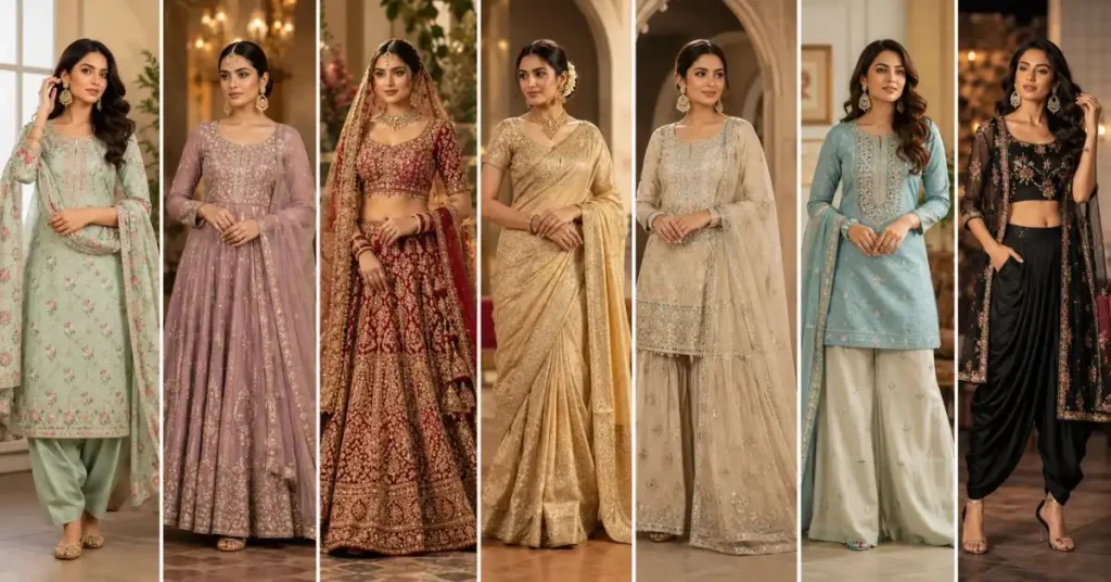 Different types of desi dresses for women including Shalwar Kameez, Anarkali, Lehenga Choli, Saree, Sharara, Palazzo Suit, and Indo-Western outfits