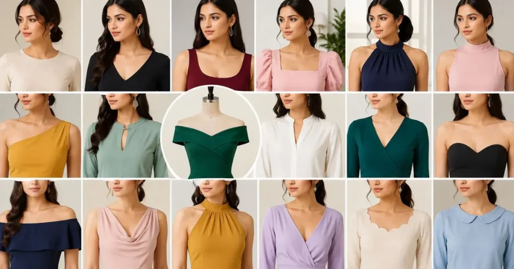 Types of necklines guide featuring popular neckline styles for dresses, tops, and blouses to help choose the perfect neckline for every body shape and occasion