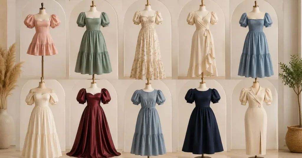 Elegant collection of different puff sleeve dresses displayed on mannequins, featuring mini, midi, maxi, floral, wrap, smocked, off-shoulder, evening, casual, and formal styles in a modern fashion studio.