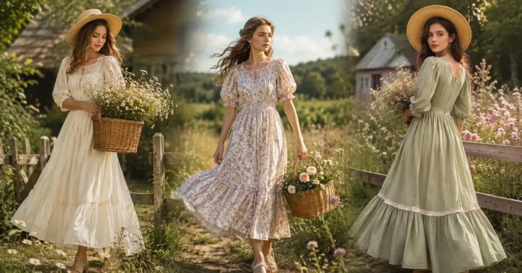 Three women wearing elegant prairie-style dresses with puffed sleeves, soft ruffles, and flowing skirts in a peaceful countryside surrounded by wildflowers and rustic cottages.
