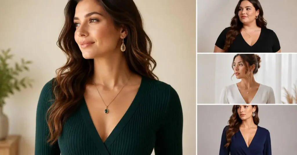 Elegant woman wearing a flattering V-neck top that highlights the neckline, paired with delicate jewelry, alongside additional models showcasing different V-neck styles in a clean, modern fashion collage with neutral backgrounds.